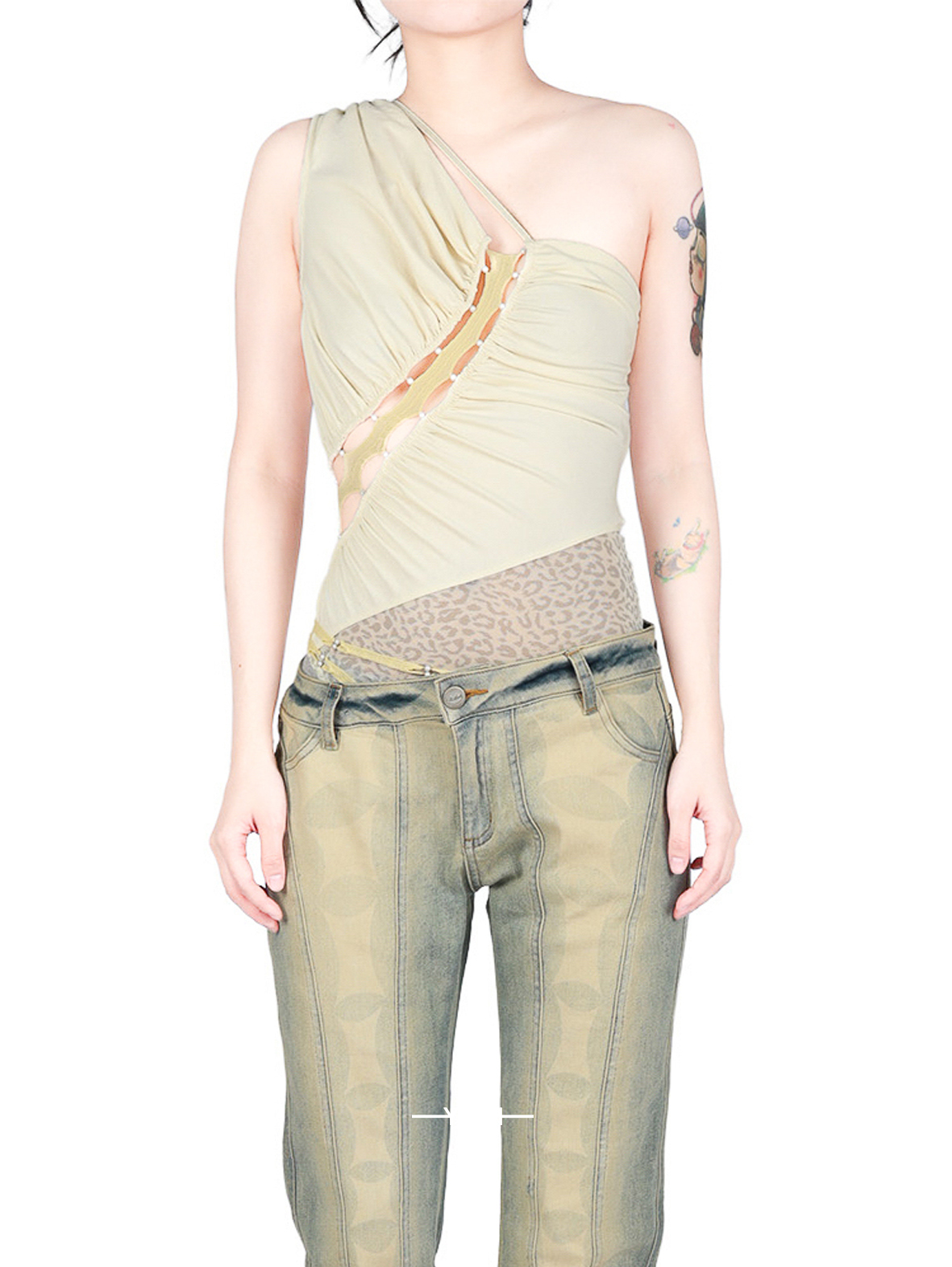 单肩抽褶拼接豹纹网纱连体衣