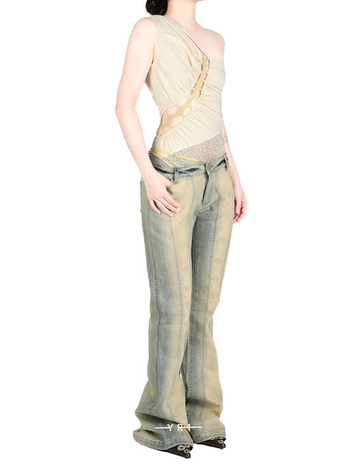 单肩抽褶拼接豹纹网纱连体衣 商品图2