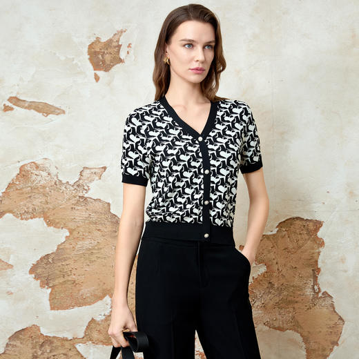 EITIE爱特爱气质V领显瘦短款高级百搭撞色短袖针织衫春季新款8101804 商品图2