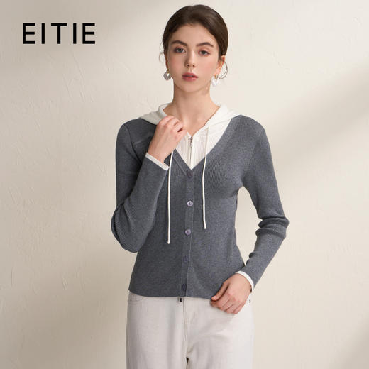 EITIE爱特爱时尚减龄亮丝连帽修身假两件撞色针织衫2026春季新款A2601105 商品图1