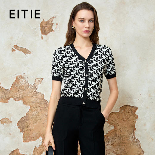 EITIE爱特爱气质V领显瘦短款高级百搭撞色短袖针织衫春季新款8101804 商品图0