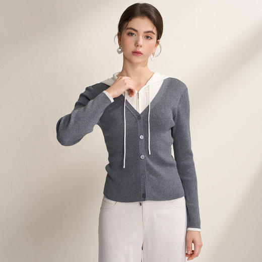 EITIE爱特爱时尚减龄亮丝连帽修身假两件撞色针织衫2026春季新款A2601105 商品图7