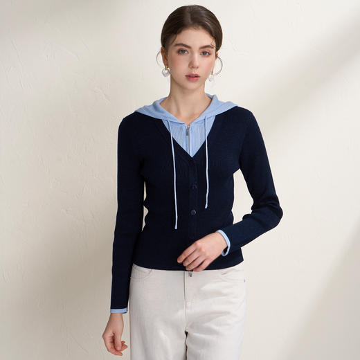 EITIE爱特爱时尚减龄亮丝连帽修身假两件撞色针织衫2026春季新款A2601105 商品图4