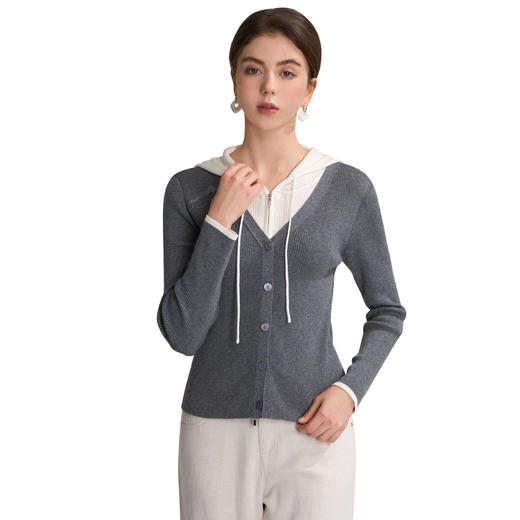 EITIE爱特爱时尚减龄亮丝连帽修身假两件撞色针织衫2026春季新款A2601105 商品图10