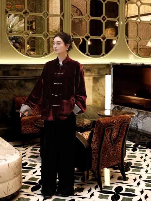 盛唐牡丹 | 朱樱红真丝丝绒男士外套 商品图1