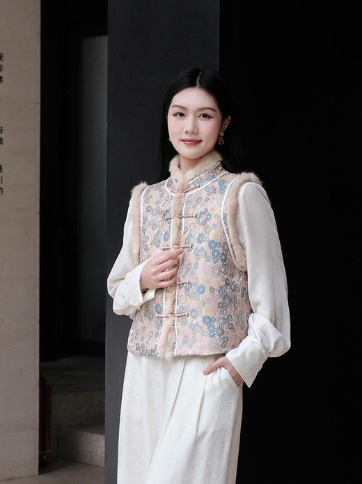 盛唐婧|宋锦小雏菊水貂夹棉马甲 商品图0