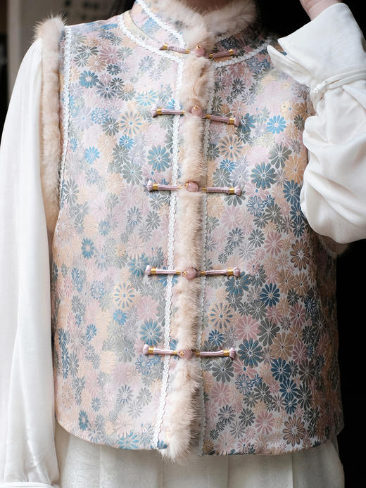 盛唐婧|宋锦小雏菊水貂夹棉马甲 商品图1