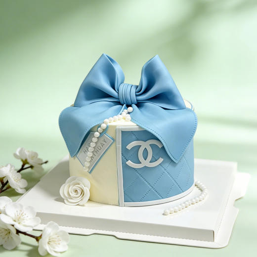 女神香奈儿翻糖蓝色蝴蝶结蛋糕 商品图0