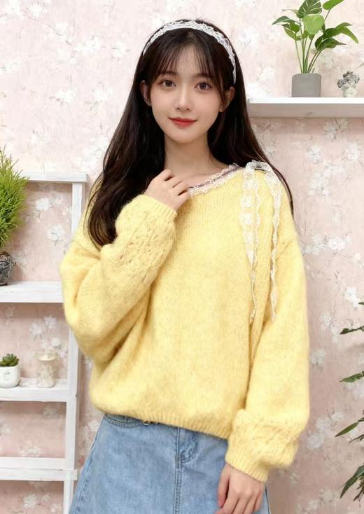 女王节抢购价-不支持退【自营】【超美毛衣】蕾丝飘带～Z102韩版一字领花纱短款毛衣-喜出 商品图2