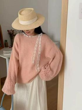 女王节抢购价-不支持退【自营】【超美毛衣】蕾丝飘带～Z102韩版一字领花纱短款毛衣-喜出