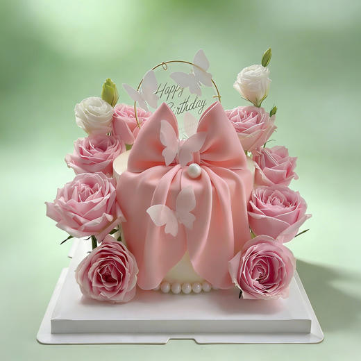 女神粉系翻糖蝴蝶结蛋糕 商品图0