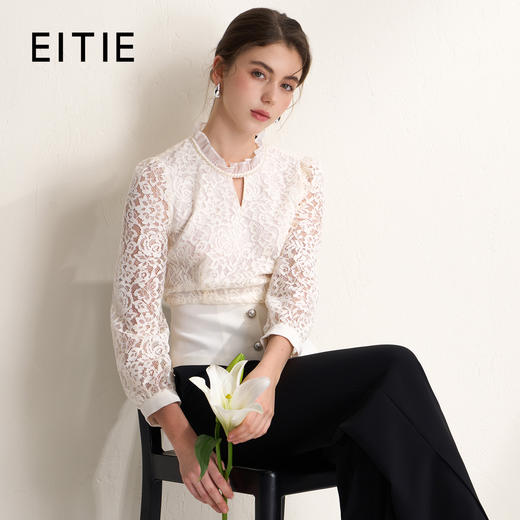 EITIE爱特爱木耳领优雅法式蕾丝拼接白色收腰上衣2026春季新款A2613121 商品图0