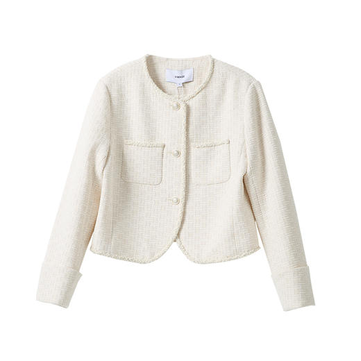 VIMAGE纬漫纪小香风复古香槟白圆领小个子短款外套女2026春季新款V2503206 商品图5