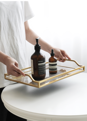 欧式轻奢玻璃收纳托盘果盘长方形茶盘高级感装饰盘家用水杯置物盘欧式金沙玻璃橙色皮托盘38*25.5cm