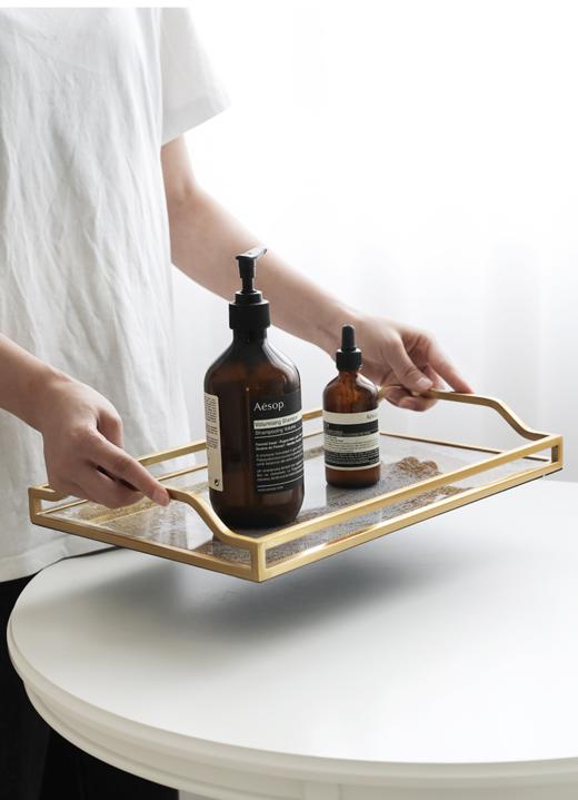 欧式轻奢玻璃收纳托盘果盘长方形茶盘高级感装饰盘家用水杯置物盘欧式金沙玻璃橙色皮托盘38*25.5cm 商品图0