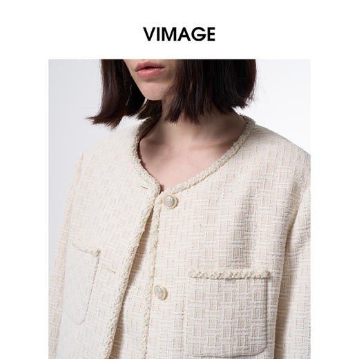 VIMAGE纬漫纪小香风复古香槟白圆领小个子短款外套女2026春季新款V2503206 商品图3
