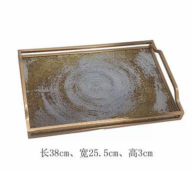 欧式轻奢玻璃收纳托盘果盘长方形茶盘高级感装饰盘家用水杯置物盘欧式金沙玻璃橙色皮托盘38*25.5cm 商品图2