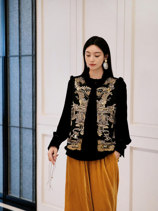 盛唐牡丹盛奢系列| 手工串珠丝绒水貂棉马甲 商品图0