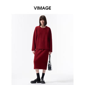 VIMAGE纬漫纪新年红慵懒宽松廓形百搭圆领毛针织上衣2026春季新款V2513201