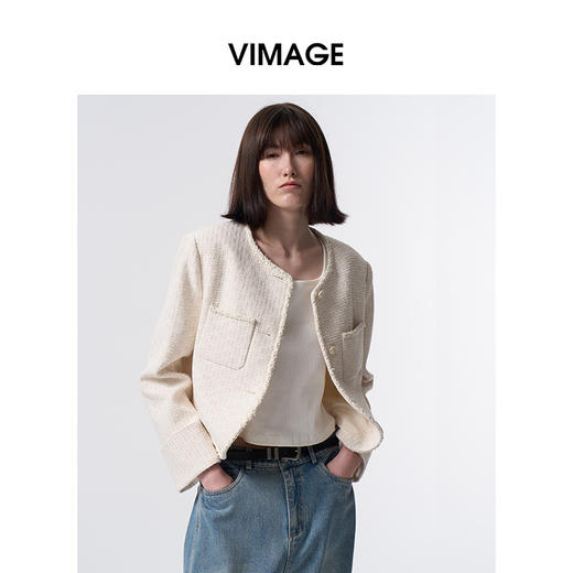 VIMAGE纬漫纪小香风复古香槟白圆领小个子短款外套女2026春季新款V2503206 商品图1