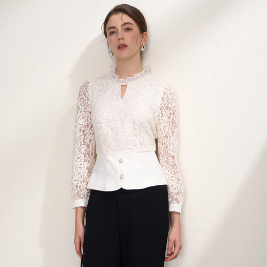 EITIE爱特爱木耳领优雅法式蕾丝拼接白色收腰上衣2026春季新款A2613121 商品图2