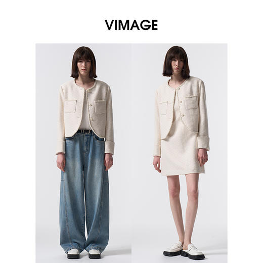 VIMAGE纬漫纪小香风复古香槟白圆领小个子短款外套女2026春季新款V2503206 商品图0