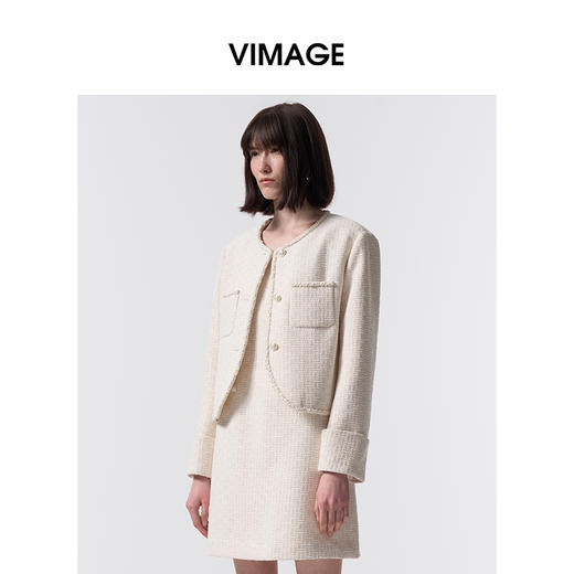 VIMAGE纬漫纪小香风复古香槟白圆领小个子短款外套女2026春季新款V2503206 商品图2