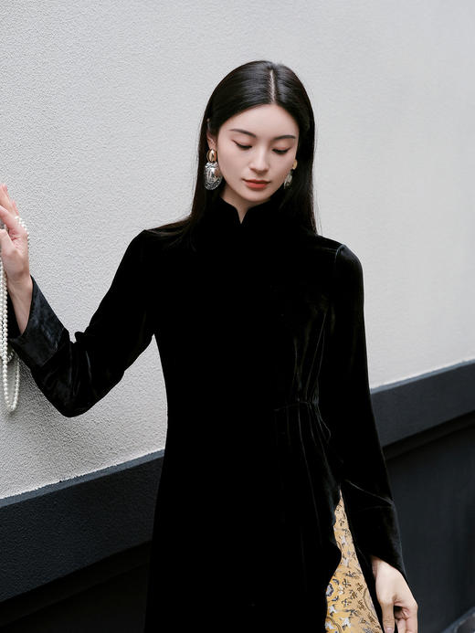 盛唐牡丹| 黑色真丝丝绒拼宋锦长裙 商品图2