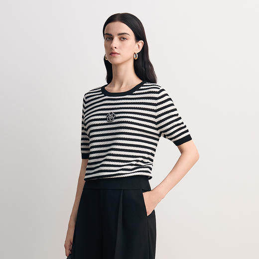EITIE爱特爱显瘦舒适修身经典条纹时尚短袖针织衫2026春季新款8501214 商品图2