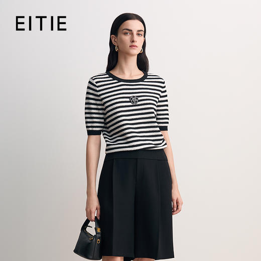 EITIE爱特爱显瘦舒适修身经典条纹时尚短袖针织衫2026春季新款8501214 商品图0
