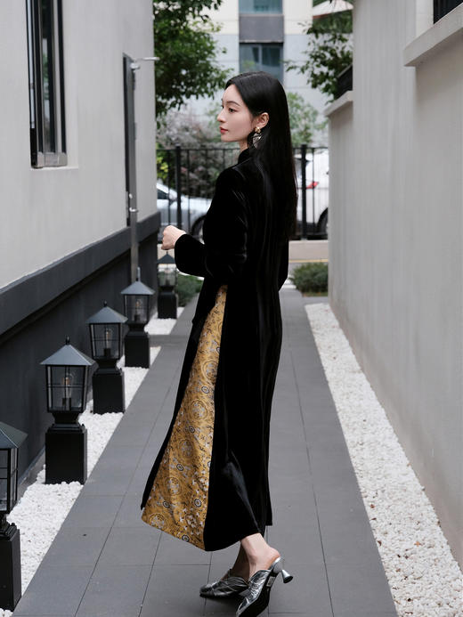 盛唐牡丹| 黑色真丝丝绒拼宋锦长裙 商品图9