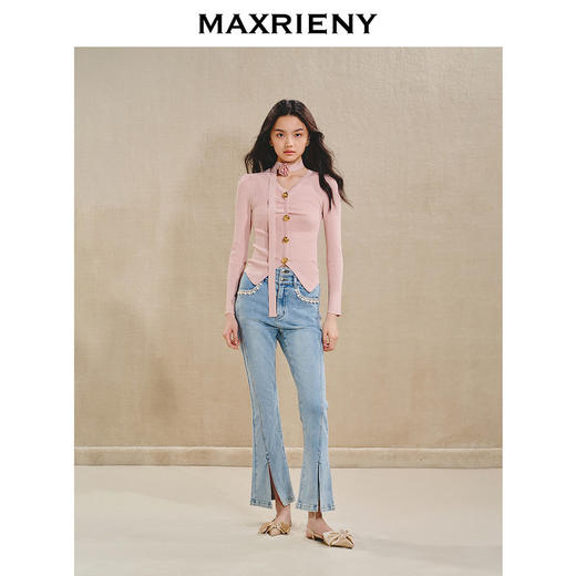 【商场同款】MAXRIENY优雅浪漫感套头针织秋立体玫瑰颈带毛衫V领(货号:MS85SW506) 商品图1