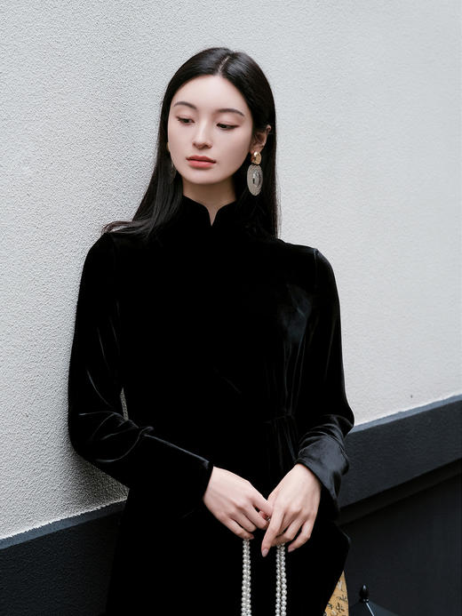 盛唐牡丹| 黑色真丝丝绒拼宋锦长裙 商品图7