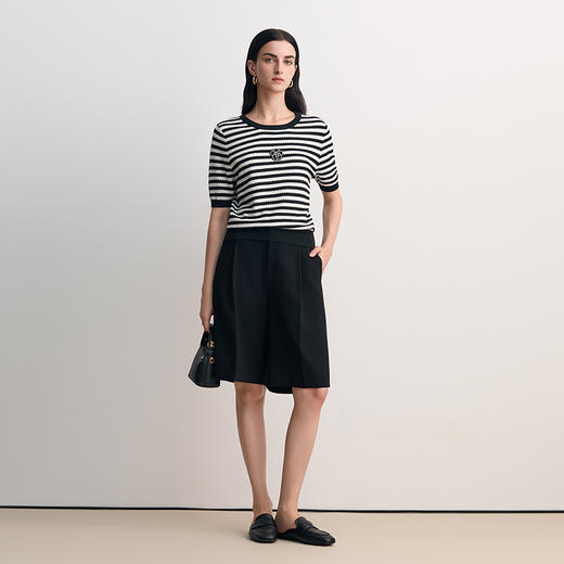 EITIE爱特爱显瘦舒适修身经典条纹时尚短袖针织衫2026春季新款8501214 商品图1