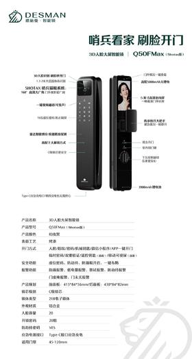 【到家服务】德施曼Q50FMax人脸识别智能锁【CS】