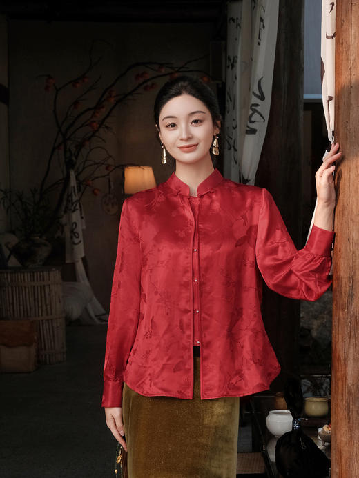 盛唐婧| 新中式桑蚕丝百搭立领对襟衬衫 商品图0