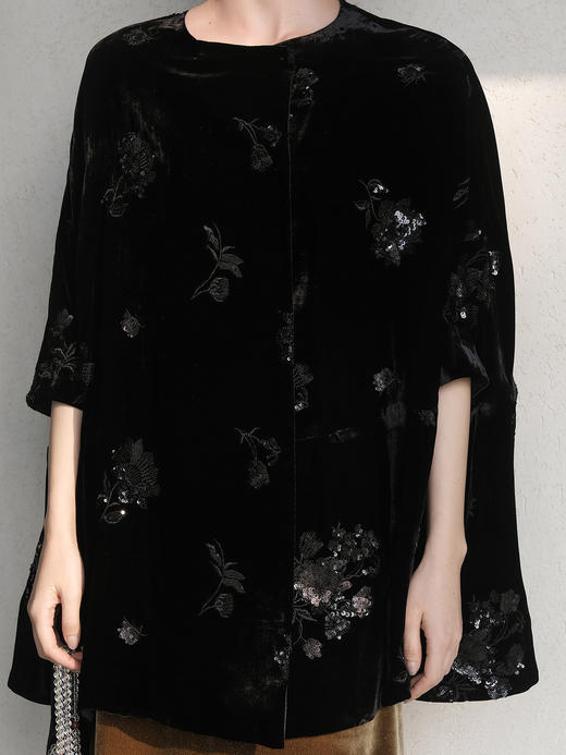 盛唐牡丹| 黑色真丝丝绒串珠斗篷 商品图1