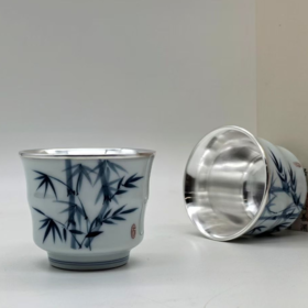 光宝堂瓷包银手绘竹报平安品茗杯单杯