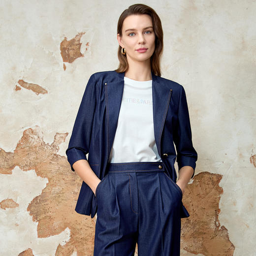 EITIE爱特爱复古百搭显瘦翻领收腰七分袖牛仔外套春季新款8103811 商品图2