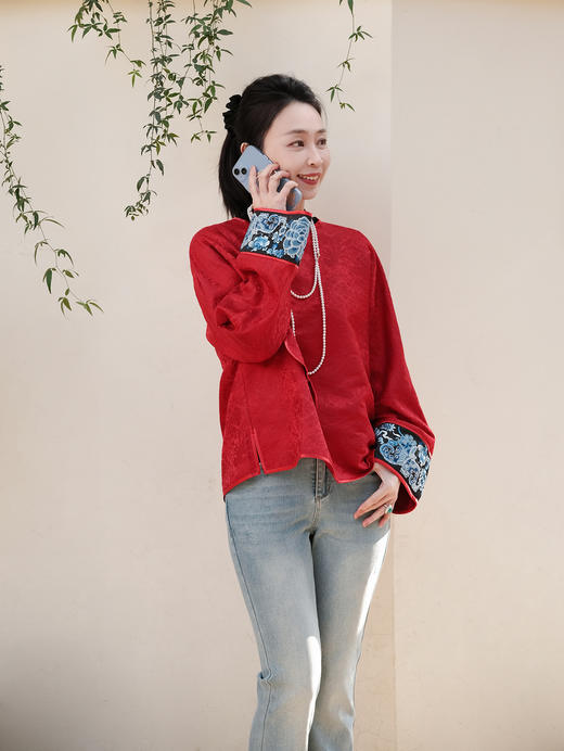 盛唐牡丹盛奢系列| 丝毛宋锦三蓝手推绣挽袖上衣 商品图10