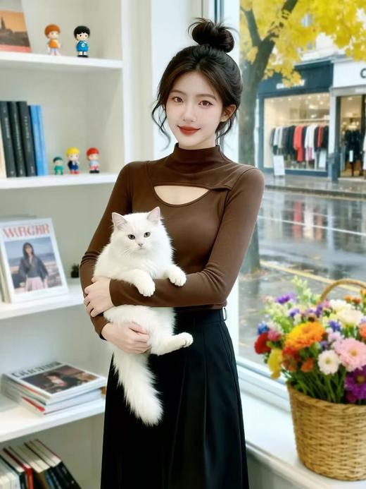 女王节抢购价-不支持退【自营】太好看啦！！暖暖的！百搭神器！【打底衫】YOLO品牌5515韩系保暖双面磨毛徳绒镂空百搭气质打底衫-喜出 商品图2