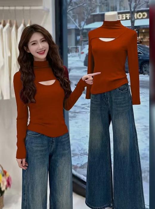 女王节抢购价-不支持退【自营】太好看啦！！暖暖的！百搭神器！【打底衫】YOLO品牌5515韩系保暖双面磨毛徳绒镂空百搭气质打底衫-喜出 商品图1