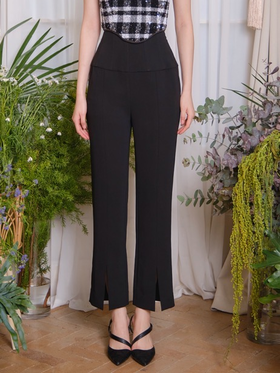 黑色高腰鱼骨修身醋酸长裤