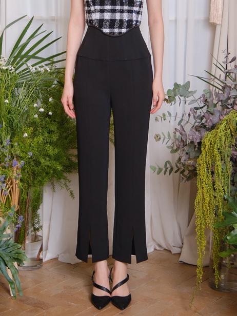 黑色高腰鱼骨修身醋酸长裤 商品图0