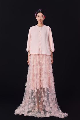 荷言HEYEN 雾港 粉色小花亮片细闪半裙 腰头拼接桑蚕丝水仙暗纹面料 松紧腰设计