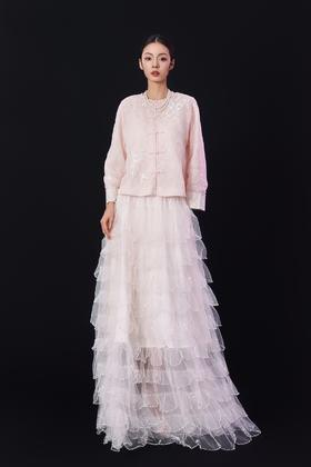 荷言HEYEN 溯年 刺绣对襟桑蚕丝提花圆领上衣  一字扣装饰+扣头嵌珍珠+钉珠 多层网纱拼接 花卉刺绣+冰裂纹刺绣 边缘包边