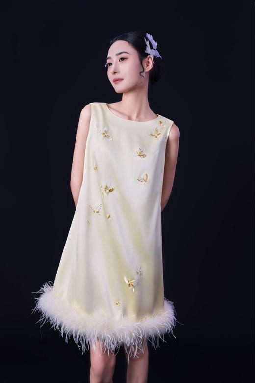 荷言HEYEN 渡月 桑蚕丝缎面刺绣无袖连衣裙圆领设计 隐形拉链 蝴蝶刺绣+鸵鸟毛 商品图1