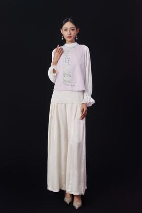 荷言HEYEN 疏怀 正绢提花圆领马甲圆领设计 领缘钉珠+拼接刺绣 一字扣+花朵硬扣