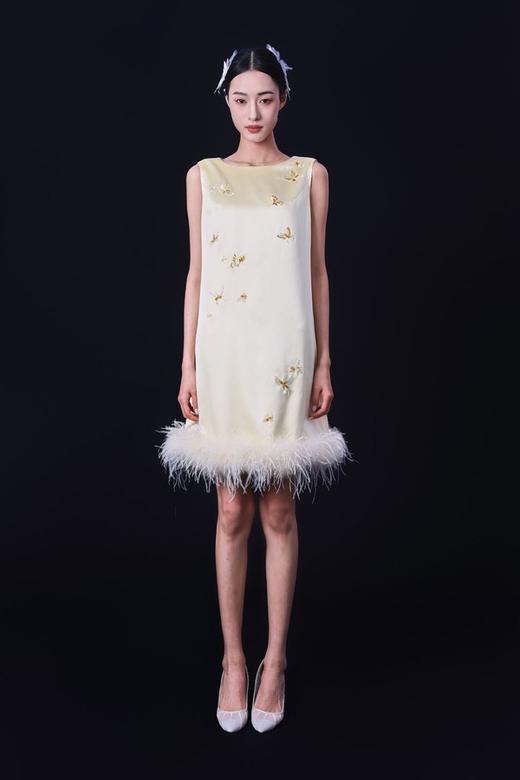 荷言HEYEN 渡月 桑蚕丝缎面刺绣无袖连衣裙圆领设计 隐形拉链 蝴蝶刺绣+鸵鸟毛 商品图0