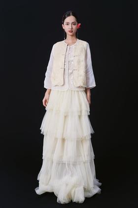 荷言HEYEN 沉溪 黄色多层细闪纱裙蛋糕裙半裙 腰头拼桑蚕丝暗纹面料 松紧腰设计